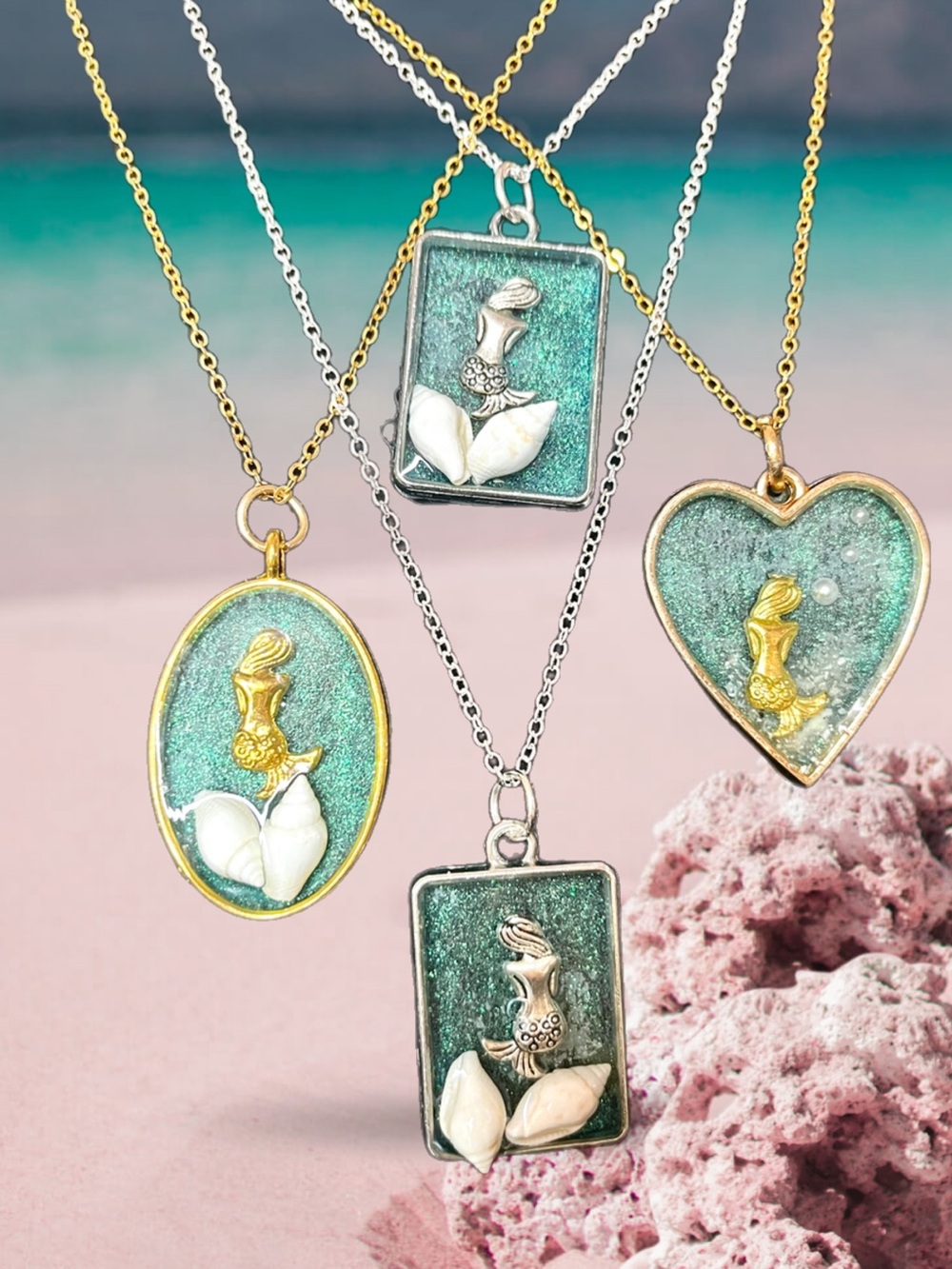 Handmade Mermaid Pendant Necklace - Turquoise Green Shell Pendant